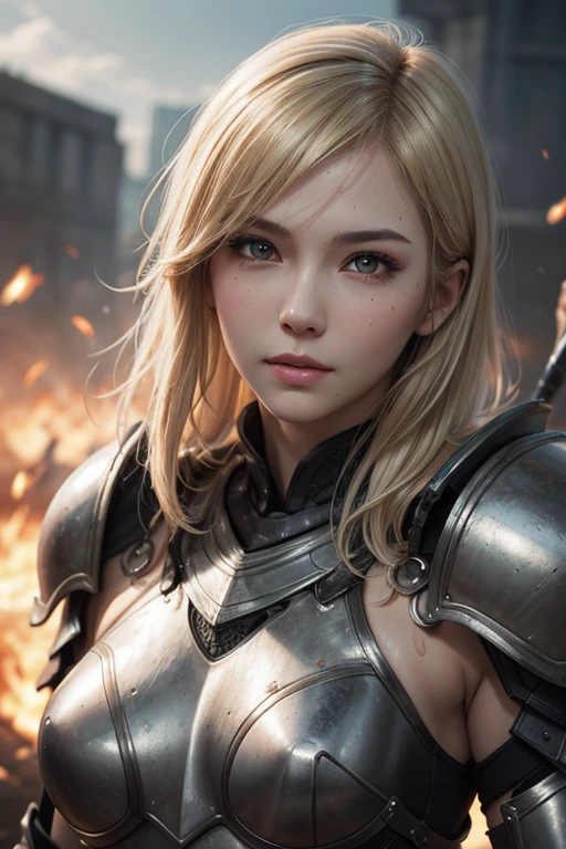 A stunning female warrior with flowing Blonde hair, clad in metal armor that accentuates her curves. Her face radiates beauty and courage, with piercing Orange eyes. She wields a samurai with confidence, ready for battle. The background depicts an epic battlefield. Dramatic lighting highlights the details of her armor and facial expression. Realistic style with high detail, The mouth is hidden,full-face armour.