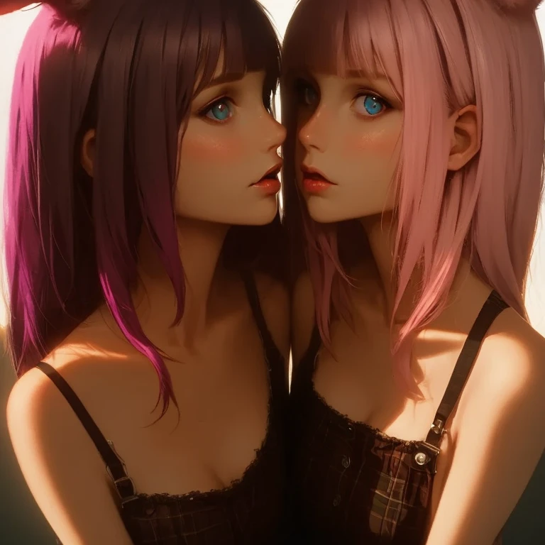 (Best Quality, 4K, 8K, hight resolution, masutepiece:1.2), Pink hair、bobhair、her breasts are beautiful and big。you are twins。There are twin faces in the close-up。twins kiss me。