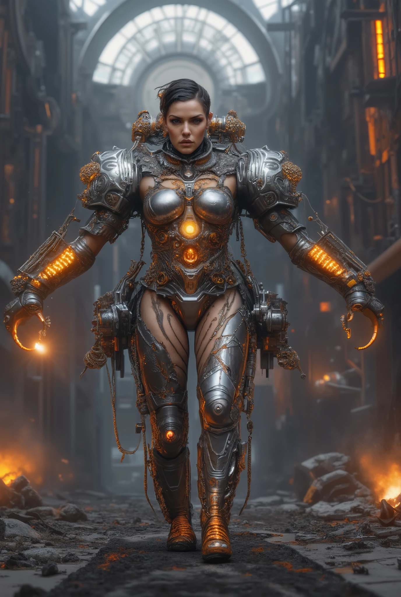 (best quality, 128k,highres,masterpiece:1.2),ultra-detailed,(realistic,photorealistic,photo-realistic:1.37), ((masterpiece)) ((photography)) ((Highest quality)) Vengeful 'Goddess' extending her arms, set in the post-apocalyptic world of Fallout. She is adorned in tattered armor, with glowing eyes, standing in a desolate wasteland. The atmosphere is dark and haunting, with ruined buildings and scattered debris. Her expression is fierce and resolute, embodying the wrath of a powerful force. The color palette features rusted metal, muted earth tones, and flashes of neon, reflecting the dystopian Fallout universe.