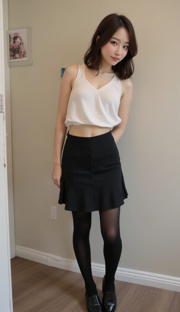 Japanese Beauty、Brown Hair、Barely、Flared mini skirt in black color、White T-shirt、indoor、Thighs、White legs、Flooring Triangle sitting Panty shot Spread your legs
