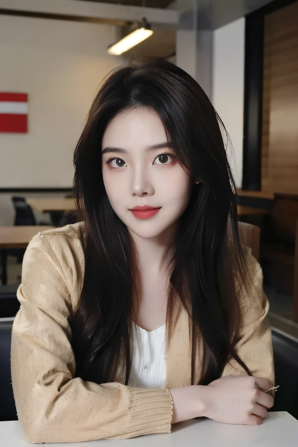 ((Masterpiece, RAW Photo, high quality, super detailed)), 1 girl, brown hair,  charming, Practical, best quality, Delicate face，Delicate face，Perfect face, ((lying silkworm eyes)), shinny skin, (realistic, photo-realistic:1.3), white shirt, brown knit jacket, sit on the modern cafe, in the modern cafe, look at the camera