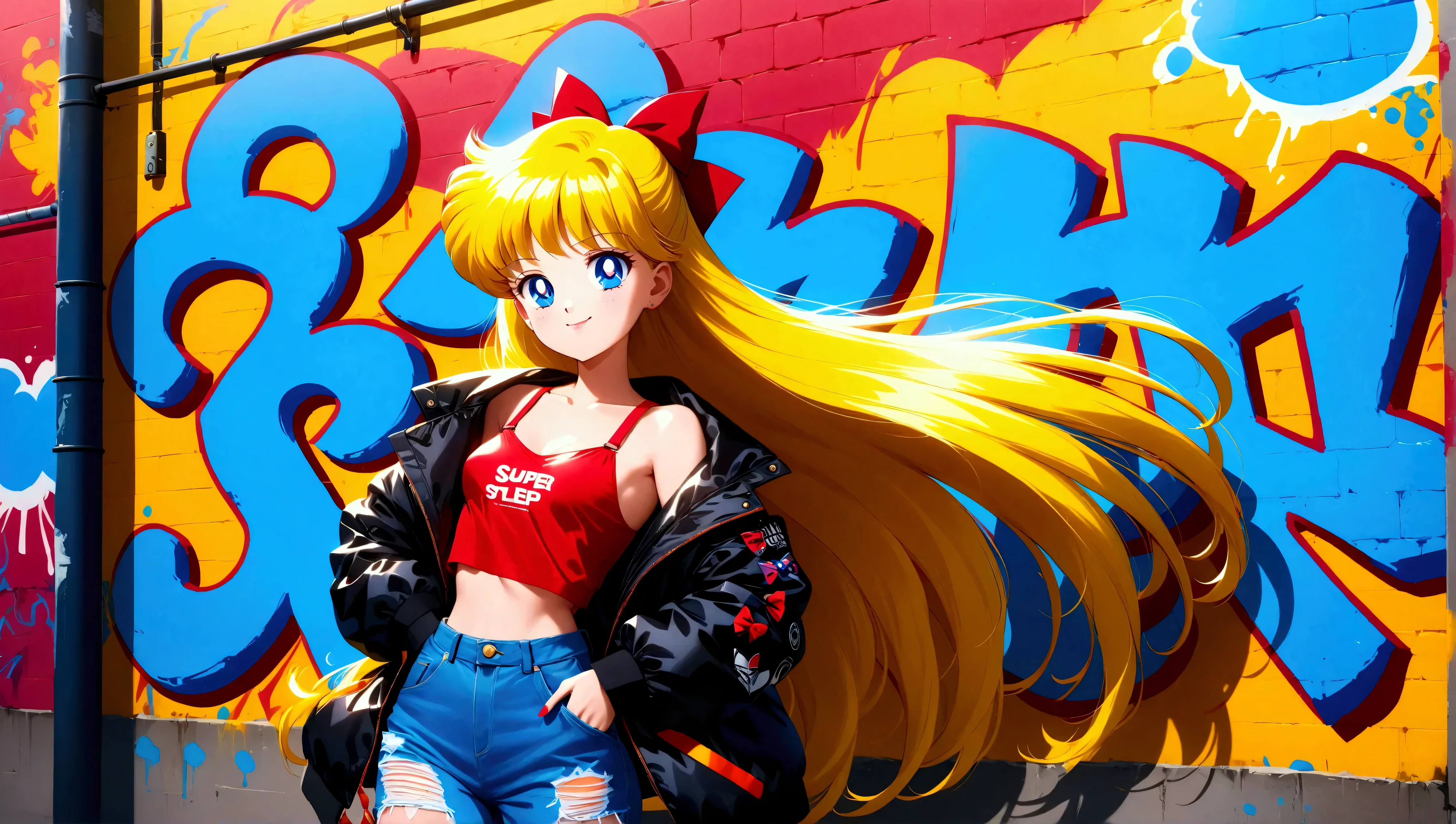 (masterpiece, best quality, very aesthetic, ultra detailed), intriguing details, 4K, one girl, aavenus, long hair, blonde hair, hair bow, blue eyes, smug, 27 years old, fashionable, vibrant, cowboy shot, small breasts, roupa streetwear, hip-hop style, posing for a photo, graffiti wall, Bright Colors Street (aesthetic body), anime, (ultra sharp, textured skin, beautiful detailed face, dynamic lighting, dynamic shadow, Super Detailed)