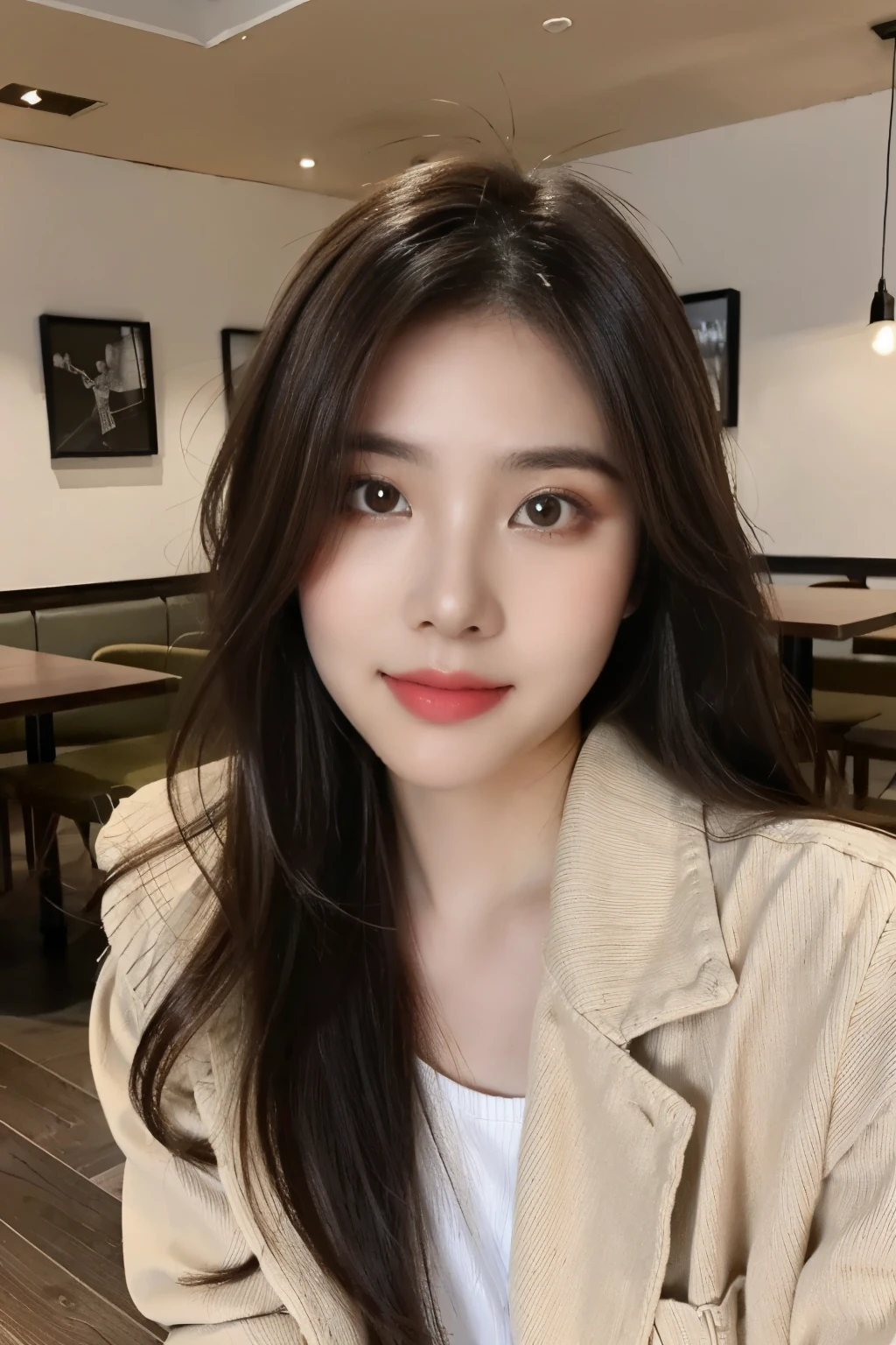 ((Masterpiece, RAW Photo, high quality, super detailed)), 1 girl, brown hair, charming, Practical, best quality, Delicate face,Delicate face,Perfect face, ((lying silkworm eyes)), shinny skin, (realistic, photo-realistic:1.3), white shirt, brown knit jacket, sit on the modern cafe, in the modern cafe, look at the camera