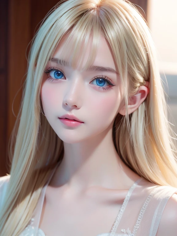 1 Girl, very messy blonde hair, Super long beautiful blonde、Very beautiful super long shiny hair、Bangs between the eyes、bangs on the face、Very beautiful cute face、Very cute beautiful girl、Very white, shiny, radiant skin、solo、super high quality、Hard Focus、Film Grain、Ultra-high resolution、masterpiece、Beautiful detailed, clear, sparkling, light blue large eyes、Very big eyes、Small Face Beauty、Round face、