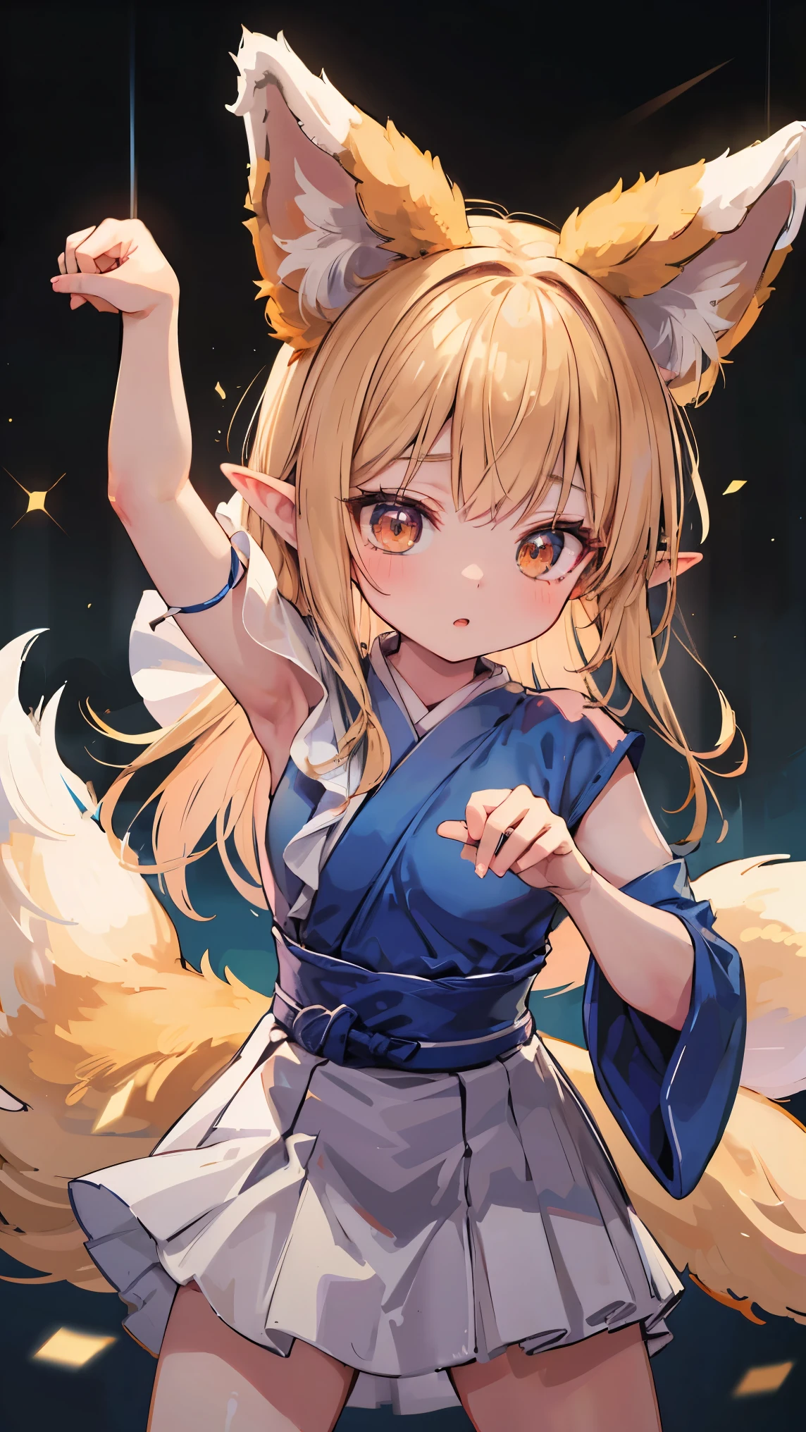 sparkle, cinematic lighting, UHD, anatomically correct, masterpiece, accurate, textured skin, high details, high quality, best quality, 1080P, elf, pointy ears, Dance party, ((kitsune dance))