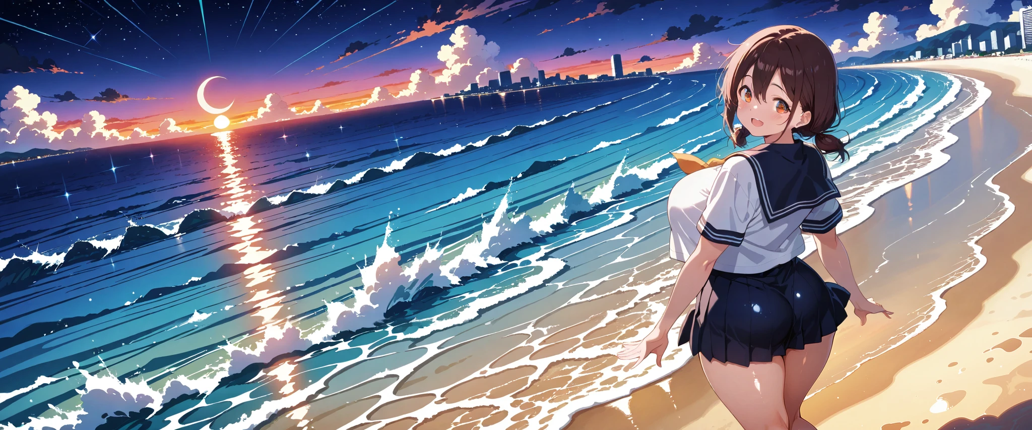 Seaside, Pink Sky, Palm tree, Blue Classic Car, Blue and pink neon,Lo-fi illustration, anime art wallpaper 4k, anime art wallpaper 4k,One Girl,Anime Style，Ocean，Oceanのビーチ，Coconut Tree，Seagull，Baiyun，A small island in the distance, Illustrator