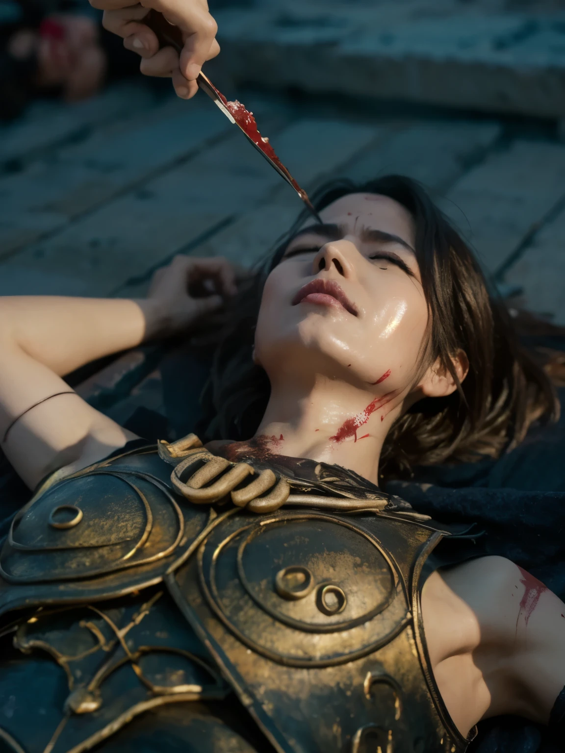 lying on my back on the ground, Unconscious, eyes closed , underwear, Torn, Covered in scars, Bleeding, Torn服, stains, HD, Masterpiece, Bruises, torn clothes, cuts, stains, sweat