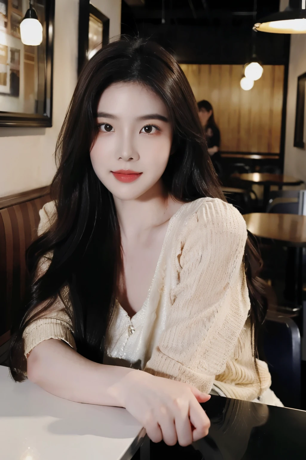 ((Masterpiece, RAW Photo, high quality, super detailed)), 1 girl, brown hair, charming, Practical, best quality, Delicate face,Delicate face,Perfect face, ((lying silkworm eyes)), shinny skin, (realistic, photo-realistic:1.3), cream knit shirt, sit on the modern cafe, in the modern cafe, look at the camera