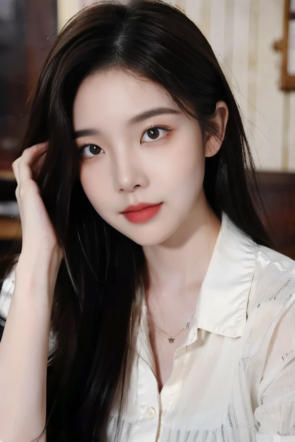 ((Masterpiece, RAW Photo, high quality, super detailed)), 1 girl, brown hair, charming, Practical, best quality, Delicate face,Delicate face,Perfect face, ((lying silkworm eyes)), shinny skin, (realistic, photo-realistic:1.3), cream knit shirt, sit on the modern cafe, in the modern cafe, look at the camera