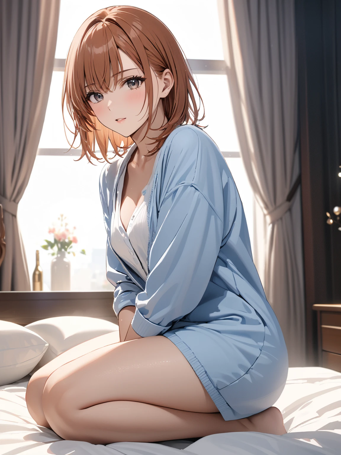 8K, best quality, master piece, ultra-detailed, brown hair、pajamas、pajamasの下に黄色の下着を着ている、medium breasts、room、on the bed、middle short hair、pale blue eyes