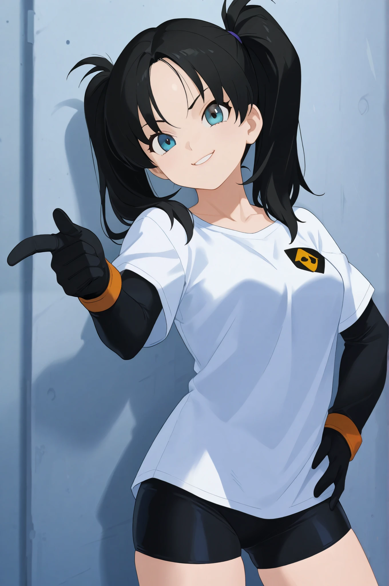 masterpiece, best quality, highres, videl2, solo, blue eyes, black hair, twintails, black gloves, bike_shorts, bangs, white shirt, badge, medium breasts, cowboy shot, naughty smile, naughty face, hand on hip, leaning forward, pointing at viewer,