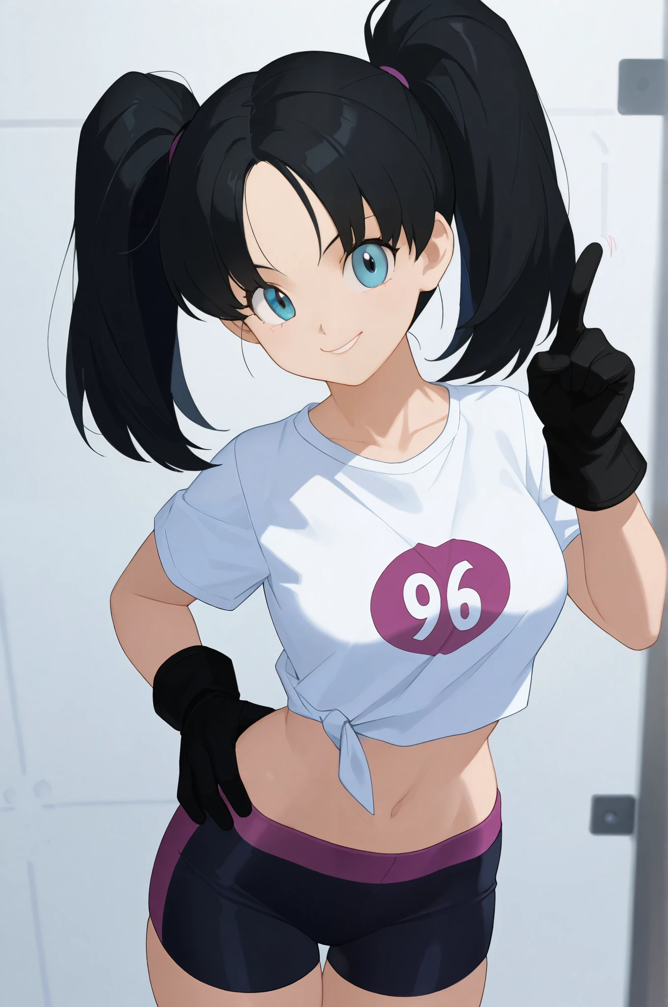 masterpiece, best quality, highres, videl2, solo, blue eyes, black hair, twintails, black gloves, bike_shorts, bangs, white shirt, badge, medium breasts, cowboy shot, naughty smile, naughty face, hand on hip, leaning forward, pointing at viewer,