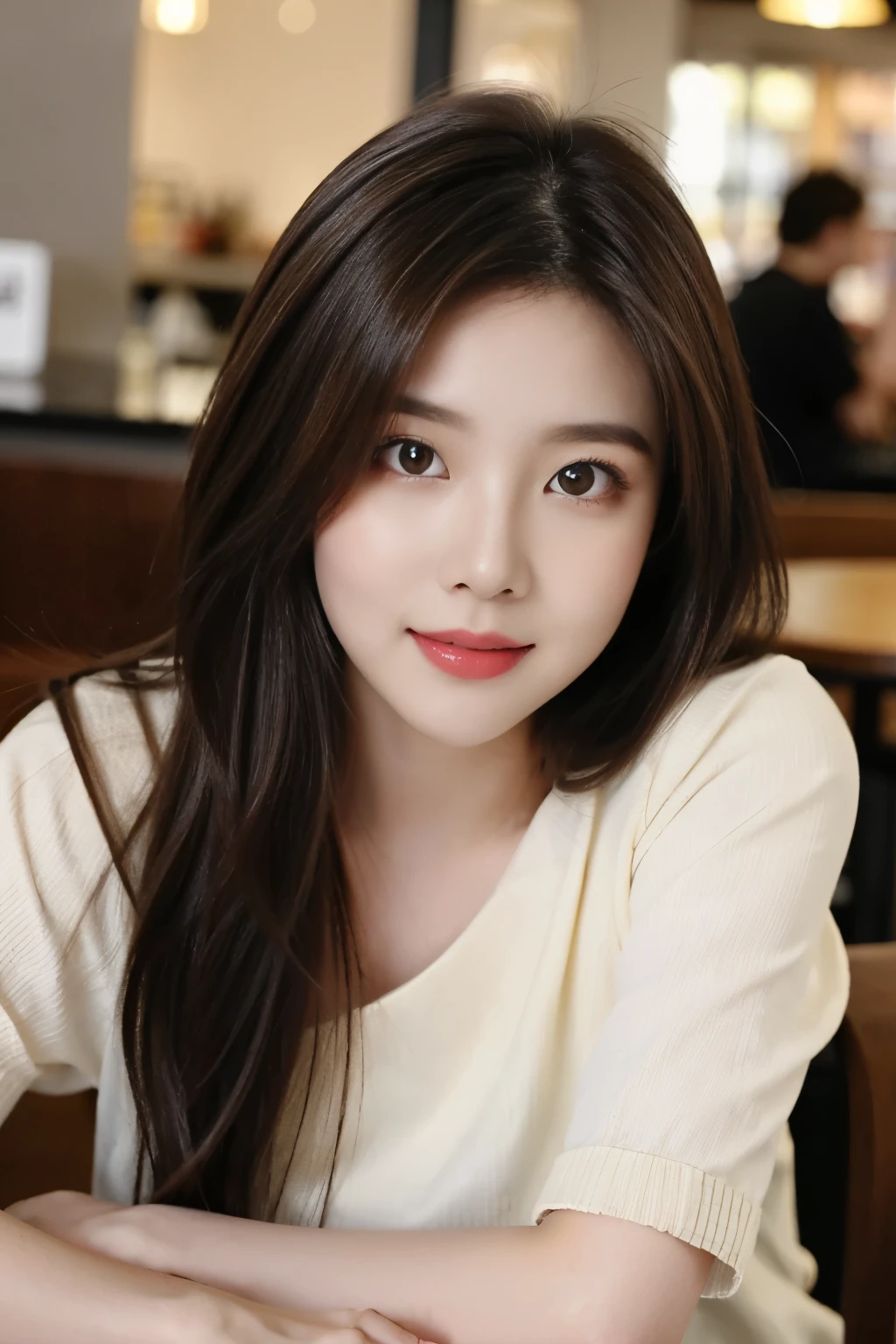 ((Masterpiece, RAW Photo, high quality, super detailed)), 1 girl, brown hair,  charming, Practical, best quality, Delicate face，Delicate face，Perfect face, ((lying silkworm eyes)), shinny skin, (realistic, photo-realistic:1.3), cream knit shirt, sit on the modern cafe, in the modern cafe, look at the camera