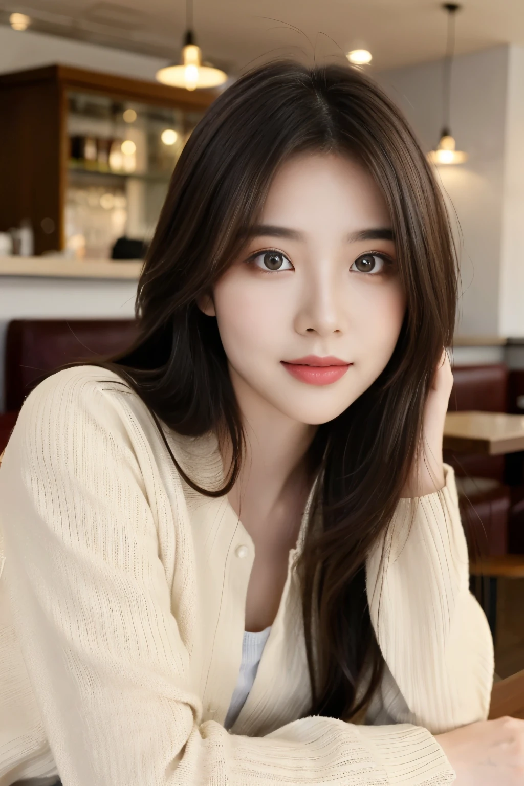 ((Masterpiece, RAW Photo, high quality, super detailed)), 1 girl, brown hair, charming, Practical, best quality, Delicate face,Delicate face,Perfect face, ((lying silkworm eyes)), shinny skin, (realistic, photo-realistic:1.3), cream knit shirt, sit on the modern cafe, in the modern cafe, look at the camera