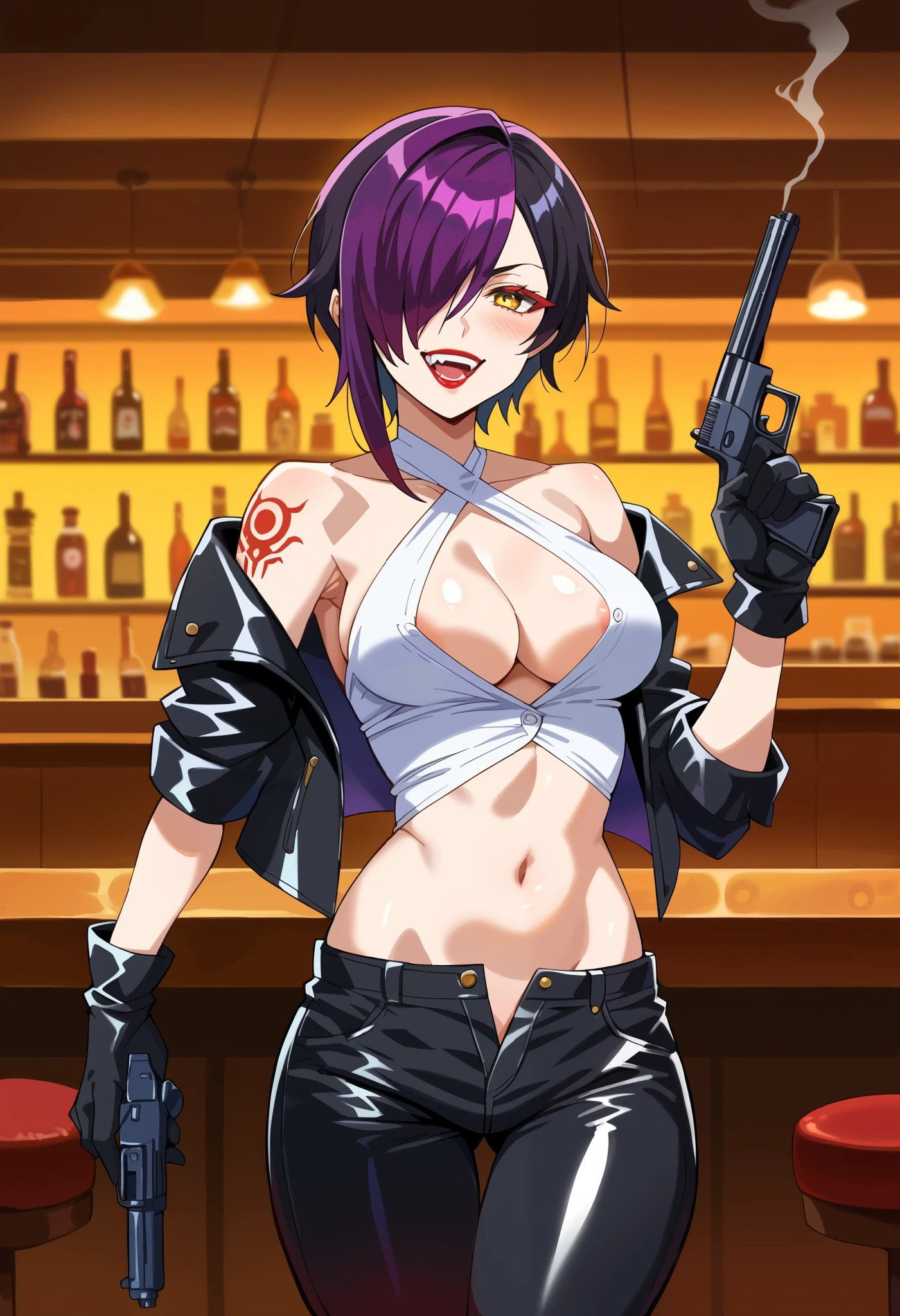 score_9,score_8_up,score_7_up,score_6_up,score_5_up,score_4_up BREAK nihilo,source_anime, 1girl, solo, hair over one eye, yellow eyes, medium hair, black hair, purple hair, red eyelashes, streaked hair, black gloves, , black open coat, medium breasts,, one eye covered, blush, lipstick, Hot girl, baddie, bad attitude, mean girl, crazy, smoking, sensual, attractive, bar background, inside bar,indoors, cityscape, casino, nightclub, city lights, masterpiece, best quality, highly detailed, a girls with a gun, evil smile , open mouth, sexy gaze, badass pose , evil smile, smile, (nsfw) not safe for work, guns blazing, anime girl with long hair, beautiful long haired girl, navel, evil expression, exposed belly, exposed navel, exposed midriff, exposed lower belly, long black pants, crop top, cleavage, unbuttoned leather pants ,open fly, low rise black leather pants, leather jacket, holding a gun, holding pistol , cleavage, unbuttoned shirt,shirt, knot,, dragon tattoo, narrowed eyes, tattoo midriff, criss-cross halter,, nipple slip,, dual wielding, dragon tattoo, narrowed eyes, tattoo midriff,