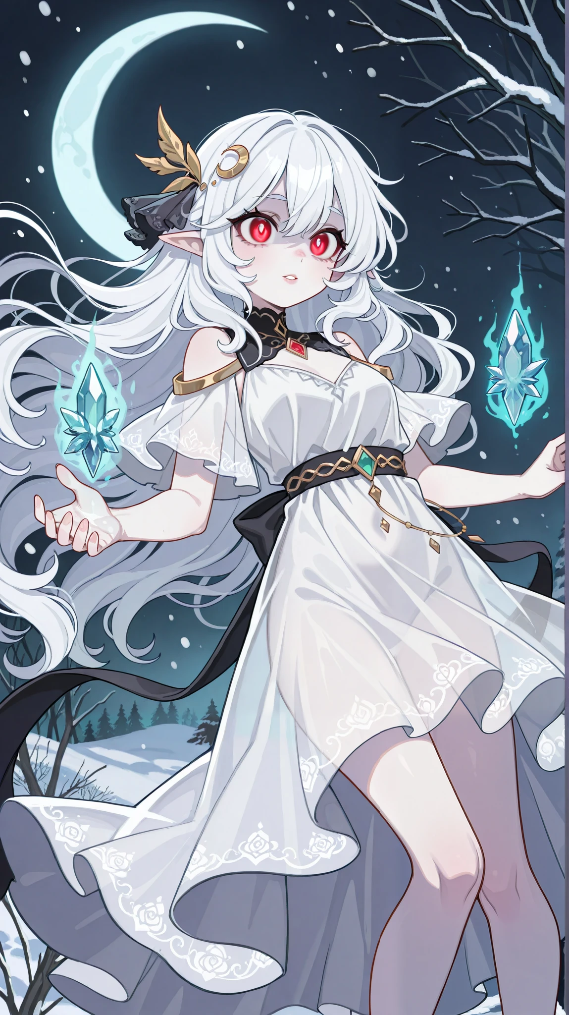 “Create a mystical and ethereal female character named Moon, with a delicate, cold face that embodies fragility and mystery. Her skin is pale and nearly translucent, glowing softly as if bathed in moonlight. She has large, glowing red eyes, like living gemstones, with thin, rounded purple eyebrows resembling crescent moons. Her features are symmetrical and elegant, with a small upturned nose, pale lips, and a pointed chin, exuding a distant but graceful aura. Her long, snow-white hair flows to her knees, moving as if carried by an invisible breeze and reflecting moonlight with a silver sheen. She wears flowing white, translucent fabrics adorned with crystal-like accents, creating the illusion of stars in motion. Her dress defies gravity, floating gently around her with supernatural elegance. The setting is a nocturnal, misty landscape, softly illuminated by moonlight, highlighting her mysterious and otherworldly presence.”