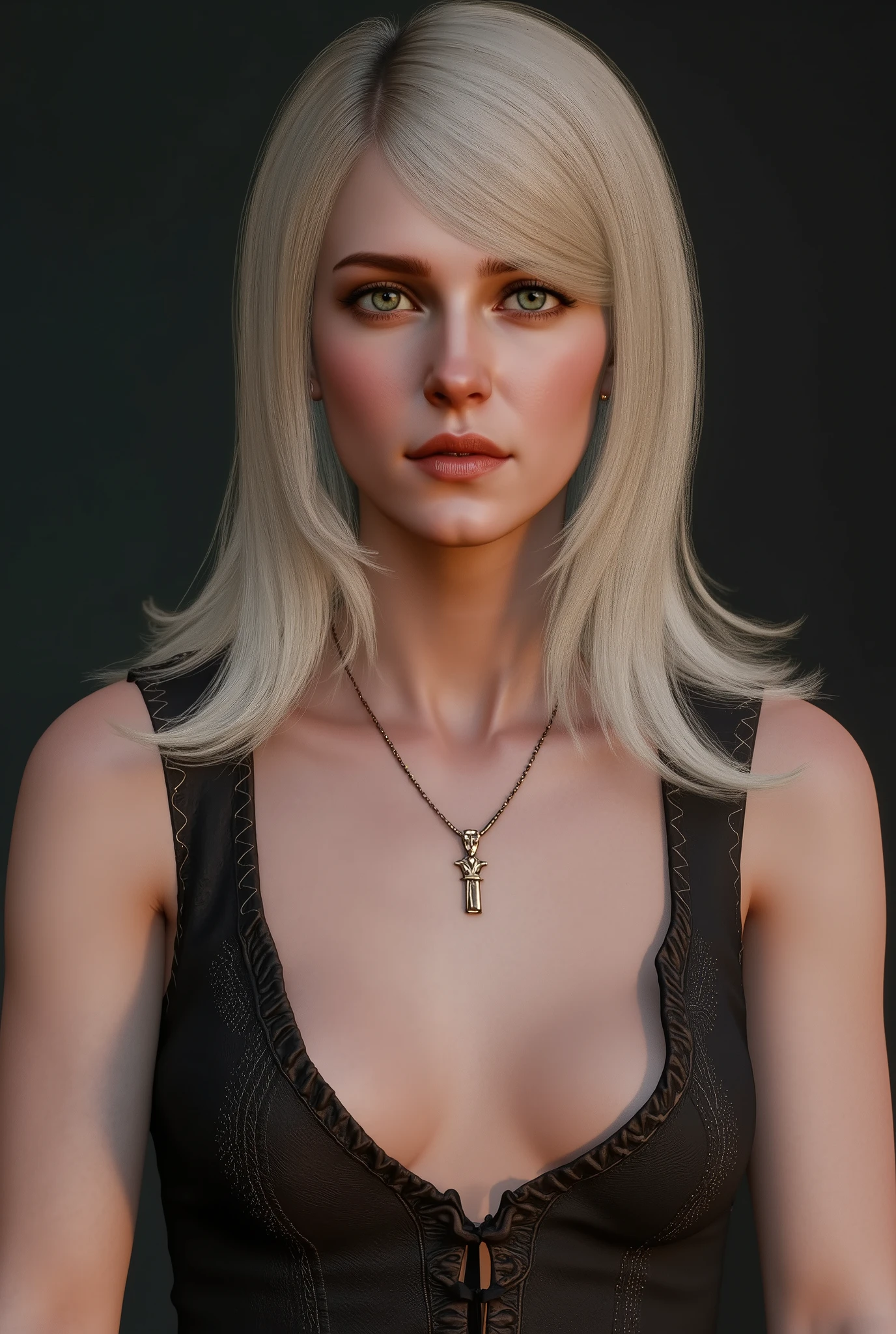 Realistic photo of blonde woman in black dress