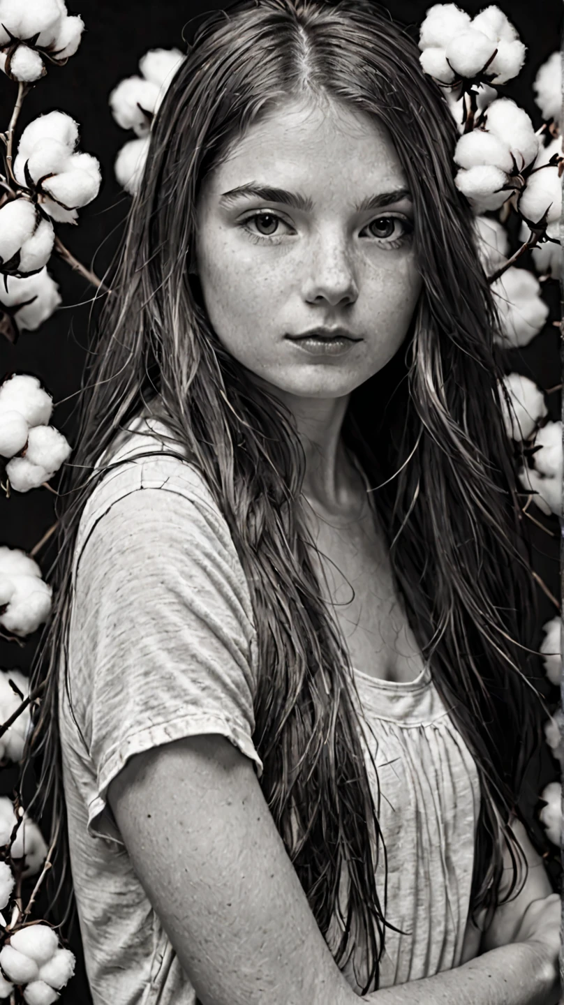 RAW spontaneous photo , ( cotton shift :1.7),
an intimate black and white photo , that captures the natural beauty and vulnerability of a young woman with long hair, revealing a deep connection with the human form and an expLoration of the intersection between innocence and sensuality,
shows a nuance An interplay of light and shadow , creates a timeless and immersive quality , inviting viewers , to think about the complexity of identity , self-acceptance , and shows the evolving nature of human relationships ,
in the style of Jock Sturgess ,
( taken with an 8x10 Deardorff ), monochrome,