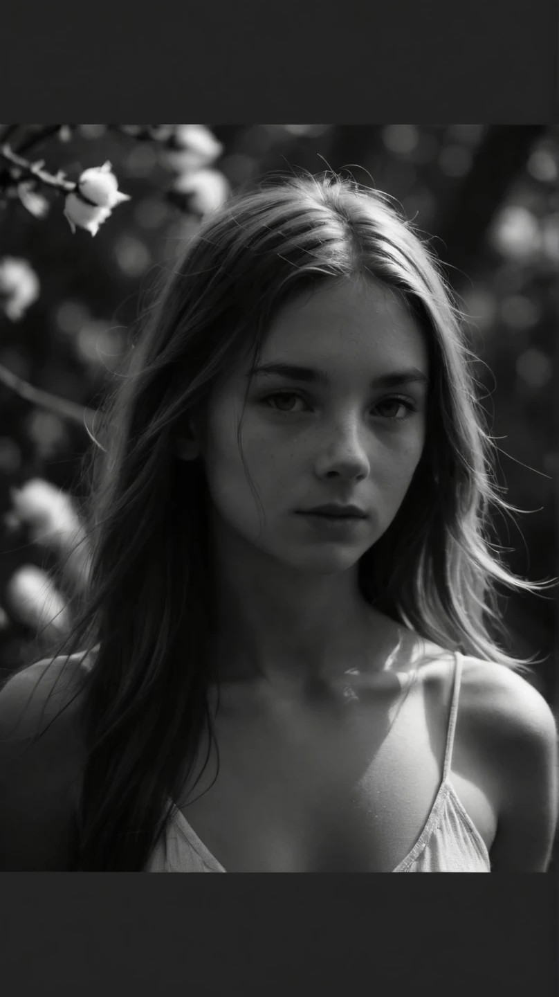 RAW spontaneous photo , ( cotton shift :1.7),
an intimate black and white photo , that captures the natural beauty and vulnerability of a young woman with long hair, revealing a deep connection with the human form and an expLoration of the intersection between innocence and sensuality,
shows a nuance An interplay of light and shadow , creates a timeless and immersive quality , inviting viewers , to think about the complexity of identity , self-acceptance , and shows the evolving nature of human relationships ,
in the style of Jock Sturgess ,
( taken with an 8x10 Deardorff ), monochrome,