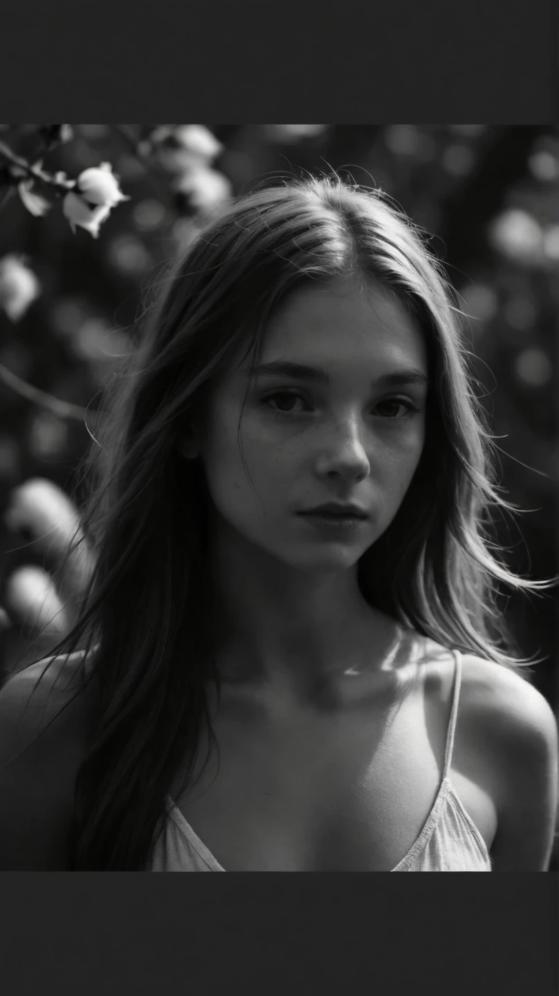 RAW spontaneous photo , ( cotton shift :1.7),
an intimate black and white photo , that captures the natural beauty and vulnerability of a young woman with long hair, revealing a deep connection with the human form and an expLoration of the intersection between innocence and sensuality,
shows a nuance An interplay of light and shadow , creates a timeless and immersive quality , inviting viewers , to think about the complexity of identity , self-acceptance , and shows the evolving nature of human relationships ,
in the style of Jock Sturgess ,
( taken with an 8x10 Deardorff ), monochrome,