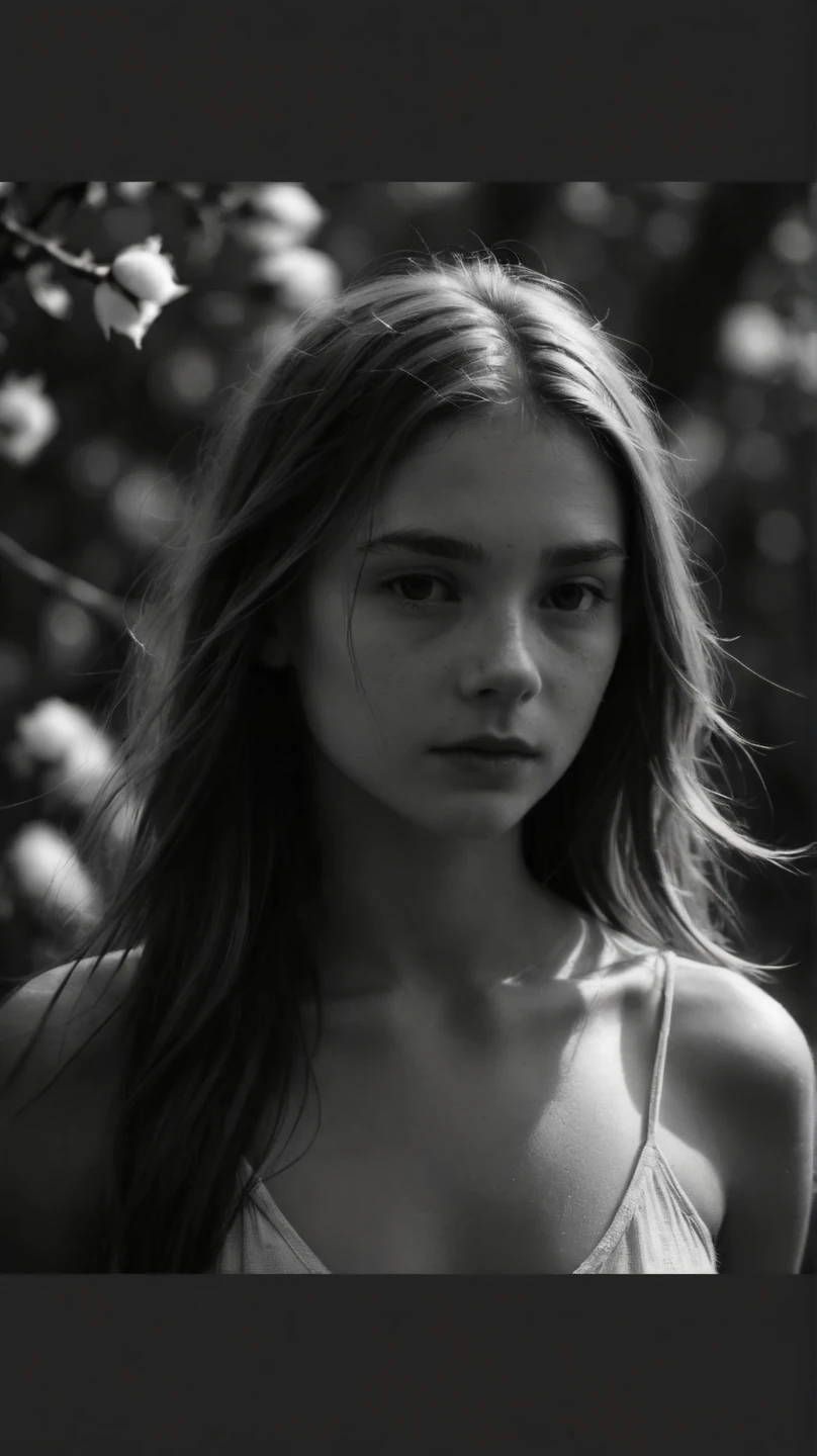 RAW spontaneous photo , ( cotton shift :1.7),
an intimate black and white photo , that captures the natural beauty and vulnerability of a young woman with long hair, revealing a deep connection with the human form and an expLoration of the intersection between innocence and sensuality,
shows a nuance An interplay of light and shadow , creates a timeless and immersive quality , inviting viewers , to think about the complexity of identity , self-acceptance , and shows the evolving nature of human relationships ,
in the style of Jock Sturgess ,
( taken with an 8x10 Deardorff ), monochrome,