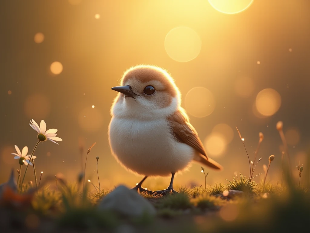 A charming close-up portrait,Showing a beautiful bird,Illuminated by soft golden light on a quiet morning,The bokeh ball gently frames its petite body