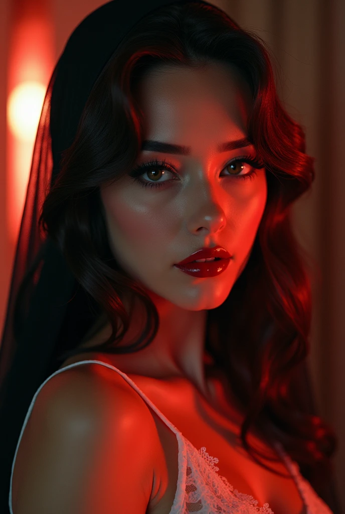 (1950s Retro Dreams), (((KISS))), Masterpiece,Best quality, Ultra-detailed,Ultra-realistic,Hyper realistic concept,backlit glowing,8K resolution concept art intricately detailed,photography quality posing for a photo,photo realistic,professional photography,Extreme Immature Lady,Luxury Beautiful Vampire Style,Evil smile,Fantasy immature beauty lady,Gorgeous Vampire Clothes,Gorgeous long wavy shiny extreme brown-haired,nice perfect face with soft fair skin perfect face,White see-through luxury lace bra,Attractive fullbody proportions,Attractive posing,Seductive extrem clothes,Luxury Fashion--Style Fantasy,Head in the frame,Fine,detailed,colorful and flawless iconography,The background image is extreme colorful fantasy world,extreme close up upper boby,thick or heavy makeup,Catholic nun,araffe in a white bodysuits and stockings posing for a picture, (Girl in black transparent veil)