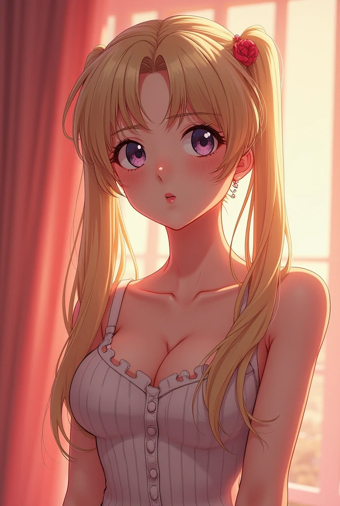 (best quality:1.4), (ultra highres:1.2), (photorealistic:1.4), (8k, RAW photo:1.2),( portrait shot:1.4), (sailor moon: 1.6), (blond hair:1.3),( sailor moon costume:1.2), (U.S.1960s Retro Future Dreams Girl in), (Endless Kiss Theme), ((Happiness Girl)), 3D Full Anime illustration style, (Masterpiece:1.3), (8K, Photorealistic, RAW portrait, Highest Quality:1.44), (unkempt hairstyle:1.24), (deep cleavage:1.23), super detailed face, detailed eyes, double eyelids, long false eyelashes, chest pulled, (parted lips:1.2), (sharp focus:1.22), (cute realistic girl:1.43), light brown twintails hair, top quality, masterpiece, super high resolution, (photorealistic:1.42), very detailed and professional lighting smile, loose-fitting low-gauge knitwear, shoulders out,slender, serious expression, long hair, deadly position, (((((White Girl))))), masutepiece, Best Quality, Illustration, Ultra-detailed, finely detail, hight resolution, 8K Wallpaper, Perfect dynamic composition, Beautiful detailed eyes, Natural Lip, sexy knitted dress , Big breasts, cleavage, Random sexy poses, full body, Flower Wallpaper, (gentle smiley), (8k, RAW photo, photorealistic:1.25) ,( lipgloss, eyelashes, gloss-face, glossy skin, best quality, ultra highres, depth of field, chromatic aberration, caustics, Broad lighting, natural shading,Kpop idol) looking at viewer with a serene and goddess-like happiness