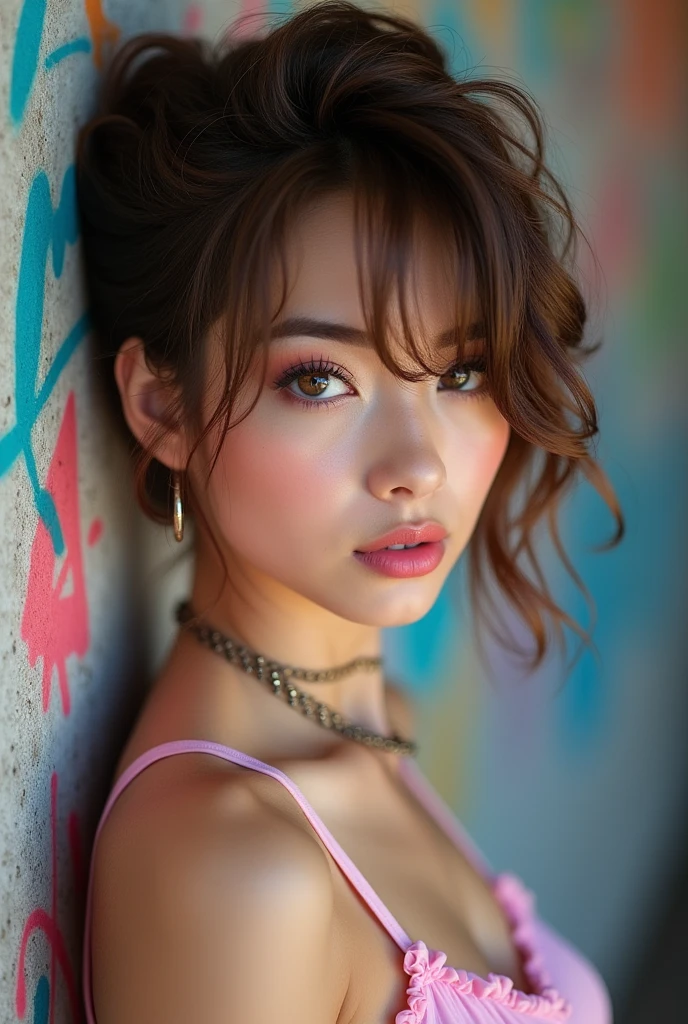 beautiful girl, brown_eyes, ((beautiful slim teenage girl 18 year old, hair color [Brown highlights hair], [undercut pixie] hair)), earrings, lips, realistic, narrow waist, charming, pink lipstick, colorful makeup, long eyelashes, earrings, wearing eyeliner, fair skin, (cute), (detailed face), detailed eyes, detailed iris, Sleeping Marilyn Monroe Girl, 18 year old in my dream, Unreality, She's wearing white panties ,  she is wearing pink sheer pajamas, brown haired.(Spread one's legs:1.3), (((Aer you OK))), cute beautiful brunette, wearings an entire pijama ,full body, perfect angle, very detailed, 32 years old, flirty face, messy long hair, brown eyes, high-res, masterpiece, best quality,intricate details, highly detailed,sharp focus, detailed skin,realistic skin texture,texture, detailed eyes, professional, 4K, smile, shot on Canon, 85mm,shallow depth of field,kodak vision color,  eyeshadow, extremely detailed, photo_\(ultra\), photorealistic, realistic, post-processing, max detail, roughness, real life, ultra realistic, photorealism, photography, 8k uhd, photography, braless, pokies, masterpiece, best quality, 1girl, 独奏, crop top, denim shorts, choker, ( graffiti:1.5), paint splatter, arms behind back, against wall, looking at viewer, bracelet , thigh strap, paint on body, head tilt, bored, multicolored hair, aqua eyes, headset