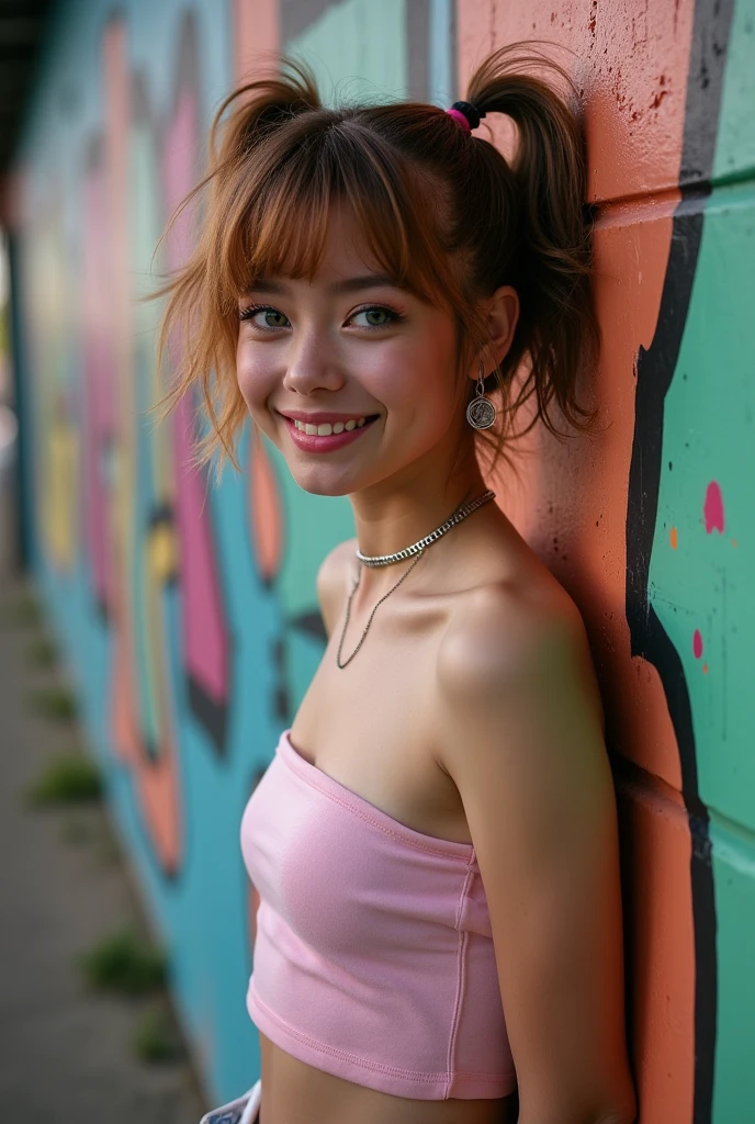 beautiful girl with orange hair, ( Mega Twin Tails ) 8K, ​masterpiece, A highly detailed, Solo,Giggly Smiley, 
underground city,
 Tilt Shot ,
staggering,
Ecstatic,
Tube Top , (((Micro−mini tops))), masterpiece, best quality, 1girl, solos, crop top, denim shorts, choker, (  graffiti:1.5), paint splatter, arms behind back, against wall, looking at viewer, bracelet , thigh strap, paint on body, head tilt, bored, multicolored hair, aqua eyes, headset, beautiful girl, brown_eyes, ((beautiful slim teenage girl 18 year old, hair color [Brown highlights hair], [undercut pixie] hair)), earrings, lips, realistic, narrow waist, charming, pink lipstick, colorful makeup, long eyelashes, earrings, wearing eyeliner, fair skin, (cute), (detailed face), detailed eyes, detailed iris, Sleeping Marilyn Monroe Girl,  An 18-Year-Old in My Dreams, Unreal , She's wearing white panties ,  she is wearing pink sheer pajamas, brown haired.(Spread one's legs:1.3), (((Aer you OK))), cute beautiful brunette, wearings an entire pijama ,full body, perfect angle, very detailed, 32 years old, flirty face, messy long hair, brown eyes, high-res, masterpiece, best quality,intricate details, highly detailed,sharp focus, detailed skin,realistic skin texture,texture, detailed eyes, professional, 4K, smile, shot on Canon, 85mm,shallow depth of field,kodak vision color,  eyeshadow, extremely detailed, photo_\(ultra\), photorealistic, realistic, post-processing, max detail, roughness, real life, ultra realistic, photorealism, photography, 8k uhd, photography, braless, pokies, Sleeping Marilyn Monroe Girl, 18 year old in my dream, Unreality, She's wearing white panties ,  she's wearing pink sheer pajamas, brown haired.(Spread one's legs:1.3), (((Aer you OK, hands behind head back:1.55)))