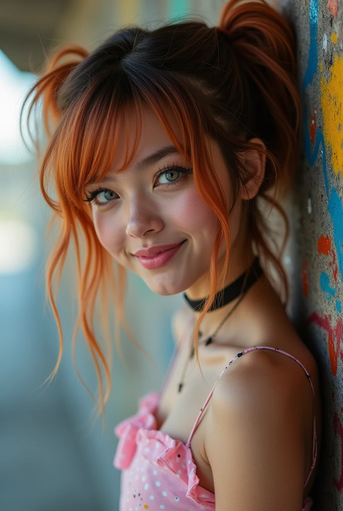 (Extreme Close Face Girl in), beautiful girl with orange hair, ( Mega Twin Tails ) 8K, ​masterpiece, A highly detailed, Solo,Giggly Smiley, 
underground city,
 Tilt Shot ,
staggering,
Ecstatic,
Tube Top , (((Micro−mini tops))), masterpiece, best quality, 1girl, solos, crop top, denim shorts, choker, (  graffiti:1.5), paint splatter, arms behind back, against wall, looking at viewer, bracelet , thigh strap, paint on body, head tilt, bored, multicolored hair, aqua eyes, headset, beautiful girl, brown_eyes, ((beautiful slim teenage girl 18 year old, hair color [Brown highlights hair], [undercut pixie] hair)), earrings, lips, realistic, narrow waist, charming, pink lipstick, colorful makeup, long eyelashes, earrings, wearing eyeliner, fair skin, (cute), (detailed face), detailed eyes, detailed iris, Sleeping Marilyn Monroe Girl,  An 18-Year-Old in My Dreams, Unreal , She's wearing white panties ,  she is wearing pink sheer pajamas, brown haired.(Spread one's legs:1.3), (((Aer you OK))), cute beautiful brunette, wearings an entire pijama ,full body, perfect angle, very detailed, 32 years old, flirty face, messy long hair, brown eyes, high-res, masterpiece, best quality,intricate details, highly detailed,sharp focus, detailed skin,realistic skin texture,texture, detailed eyes, professional, 4K, smile, shot on Canon, 85mm,shallow depth of field,kodak vision color,  eyeshadow, extremely detailed, photo_\(ultra\), photorealistic, realistic, post-processing, max detail, roughness, real life, ultra realistic, photorealism, photography, 8k uhd, photography, braless, pokies, Sleeping Marilyn Monroe Girl, 18 year old in my dream, Unreality, She's wearing white panties ,  she's wearing pink sheer pajamas, brown haired.(Spread one's legs:1.3), (((Aer you OK, hands behind head back:1.55)))