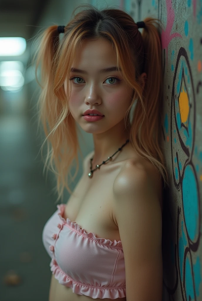 A Girl, platinum blonde, (hi-top fade:1.3), dark theme, soothing tones, muted colors, high contrast, (natural skin texture, hyperrealism, soft light, sharp),(Extreme Close Face Girl in), beautiful girl with orange hair, ( Mega Twin Tails ) 8K, ​masterpiece, A highly detailed, Solo,Giggly Smiley, underground city, Tilt Shot ,staggering,Ecstatic,Tube Top , (((Micro−mini tops))), masterpiece, best quality, 1girl, solos, crop top, denim shorts, choker, ( graffiti:1.5), paint splatter, arms behind back, against wall, looking at viewer, bracelet , thigh strap, paint on body, head tilt, bored, multicolored hair, aqua eyes, headset, beautiful girl, brown_eyes, ((beautiful slim teenage girl 18 year old, hair color [Brown highlights hair], [undercut pixie] hair)), earrings, lips, realistic, narrow waist, charming, pink lipstick, colorful makeup, long eyelashes, earrings, wearing eyeliner, fair skin, (cute), (detailed face), detailed eyes, detailed iris, Sleeping Marilyn Monroe Girl,  An 18-Year-Old in My Dreams, Unreal , She's wearing white panties ,  she is wearing pink sheer pajamas, brown haired.(Spread one's legs:1.3), (((Aer you OK))), cute beautiful brunette, wearings an entire pijama ,full body, perfect angle, very detailed, 32 years old, flirty face, messy long hair, brown eyes, high-res, masterpiece, best quality,intricate details, highly detailed,sharp focus, detailed skin,realistic skin texture,texture, detailed eyes, professional, 4K, smile, shot on Canon, 85mm,shallow depth of field,kodak vision color,  eyeshadow, extremely detailed, photo_\(ultra\), photorealistic, realistic, post-processing, max detail, roughness, real life, ultra realistic, photorealism, photography, 8k uhd, photography, braless, pokies, Sleeping Marilyn Monroe Girl, 18 year old in my dream, Unreality, She's wearing white panties ,  she's wearing pink sheer pajamas, brown haired.(Spread one's legs:1.3), (((Aer you OK, hands behind head back:1.55)))