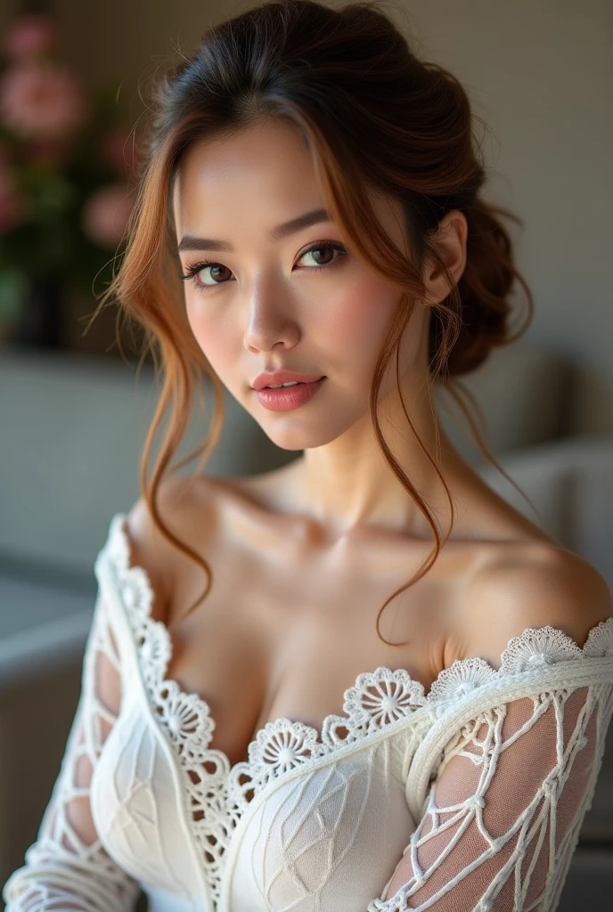 Masterpiece, Top Quality, Figure, Very Detailed, Fine Details, High Resolution, Raw Photo, 8K resolution Wallpaper, Perfect Dynamic Composition, (gorgeous wavy medium−long caramel hair updo,style) (Lascivious superciliousness), Beautifully Detailed Eyes , Long False Eyelashes, Natural Lips, Gentle Smiley, (Extreme transparent Sexy Knit Dress, Virgin Killer Gorgeous All−Lace Platinum Pink Knit, Coarse knit sweater:1.3), Big Tits Same, Deep Cleavage on Chest, (Luxurious poses), Upper Body, Background is Luxury hotel's Gorgeous livingroom, Best quality, masterpiece, ultra high res, (photorealistic:1.4), raw photo, 1girl, white dress, off shoulder, blossom flower field, glowing skin, light smile