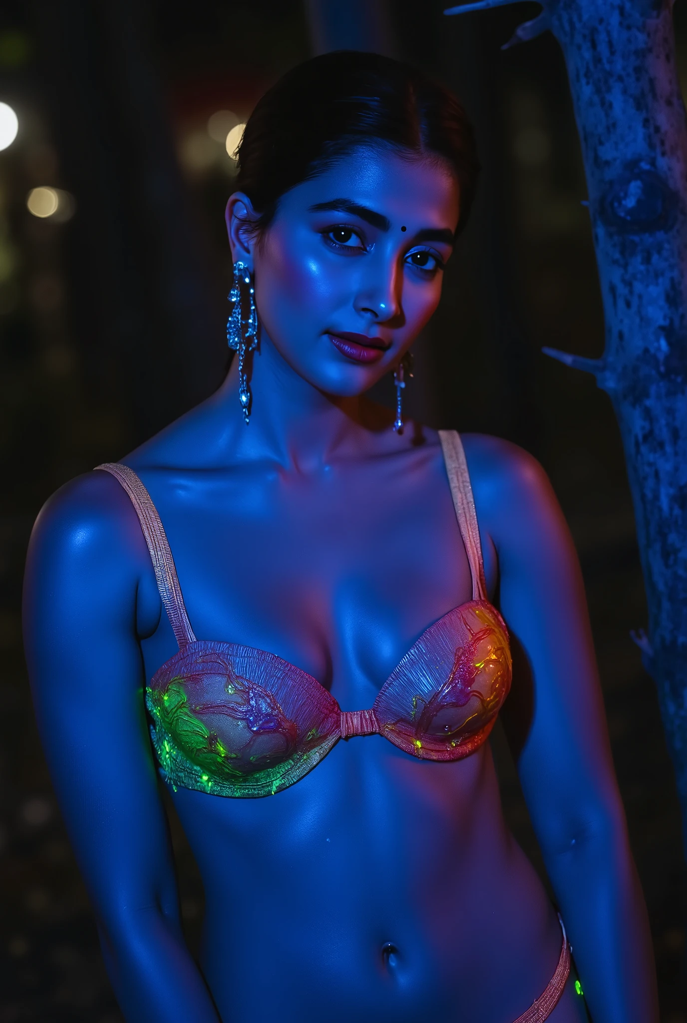 a woman in a dark forest at night wearing neon colour clothes stylish, huge breast detailed skin, [strap on breast], cinematic lighting, dark moody, dramatic lighting, glowing eyes, detailed facial features, intricate clothing, fantasy, atmospheric, dramatic pose, moody colors, dramatic shadows, photorealistic, (best quality,4k,8k,highres,masterpiece:1.2),ultra-detailed,(realistic,photorealistic,photo-realistic:1.37