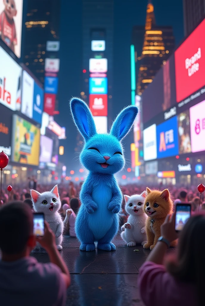"A grand and heartwarming scene set in a bustling city’s vibrant time square, illuminated by massive digital screens, glowing billboards, and dazzling city lights. At the center of a large stage, the unique blue rabbit with Na'vi-like bioluminescent patterns stands tall, receiving a hero's award from the fluffy white kitten and cheerful golden puppy, both dressed in tiny formal outfits. Surrounding the stage, countless kittens and puppies, representing their families, cheer excitedly, with some holding colorful banners and balloons. Humans in the crowd also watch in awe, capturing the moment on their phones. The atmosphere is electric with celebration and gratitude, as the city square becomes a magical place of unity and admiration for the brave rabbit."