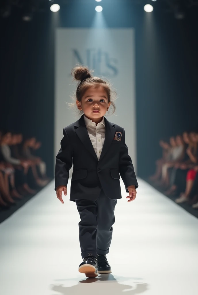 Cute baby girl with very big head funny wearing a muscular business suit in a realistic full body fashion show