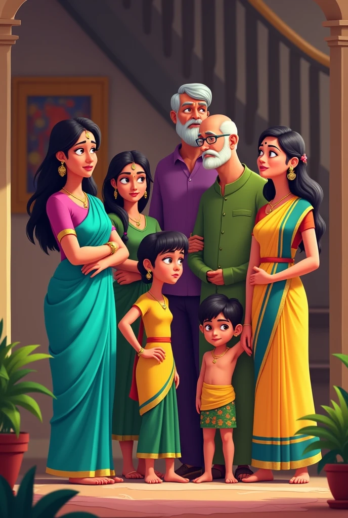 Create a colorful animated family scene set in a cozy living room ...