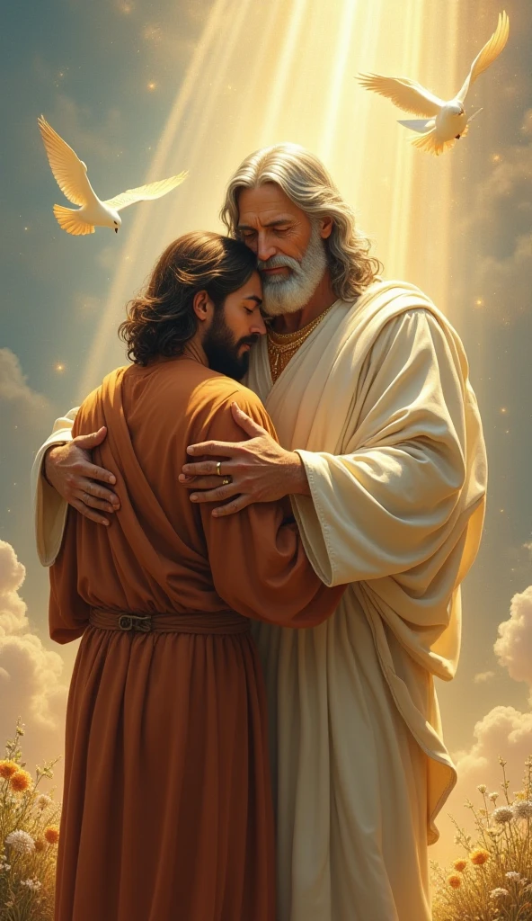 oil painting. Heaven, clouds. In heaven God the Father gives Jesus a hug, Above them is a white dove flying, A brilliant glow emanates from the dove and illuminates God the Father and Jesus.. This painting represents the Catholic Trinity. Jesus wears a tunic and has a crown of thorns.