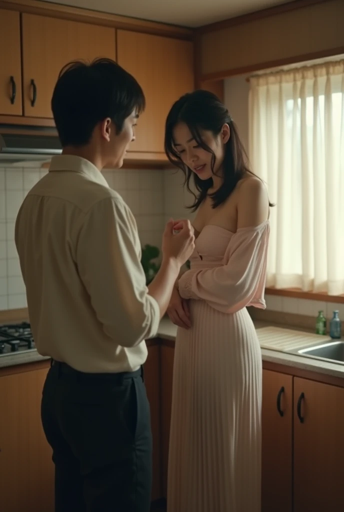 best qualtiy、​masterpiece、fidelity:1.3、超A high resolution、(Photorealsitic:1.4)、Man and woman hugging each other in the kitchen（The woman is tall:1.5、Man is a boy）、1 Most Beautiful Mature Woman in Japan（Obscene big breasts:1.4、Wearing an apron、Bob Hair）、1 boy with a cute face（shortsleeves）The ultra -The high-definition