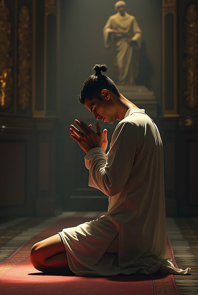 in jc leyendecker and paul cadmus art style, dide view shot, "the prayer", fullbody, a young latino man on his knees, soft colors, with a peacefull look, shirtless, pantless, smiling, peacific gaze, perfect anatomy, praying in a church, realisitic skinny detailed muscles, muscled legs, handsome, gorgeous, man adventurer, latino, rose, smirk, short bob haircut, ruffles, silk, reach intricate neoclassic church background, realism close up portrait, oil painting, masterpiece, shadows, expert, insanely detailed, 4k resolution, caravaggio, john william waterhouse, By Caravaggio colours, chiaroscuro, mtg, dnd, fantasy, Mysterious
