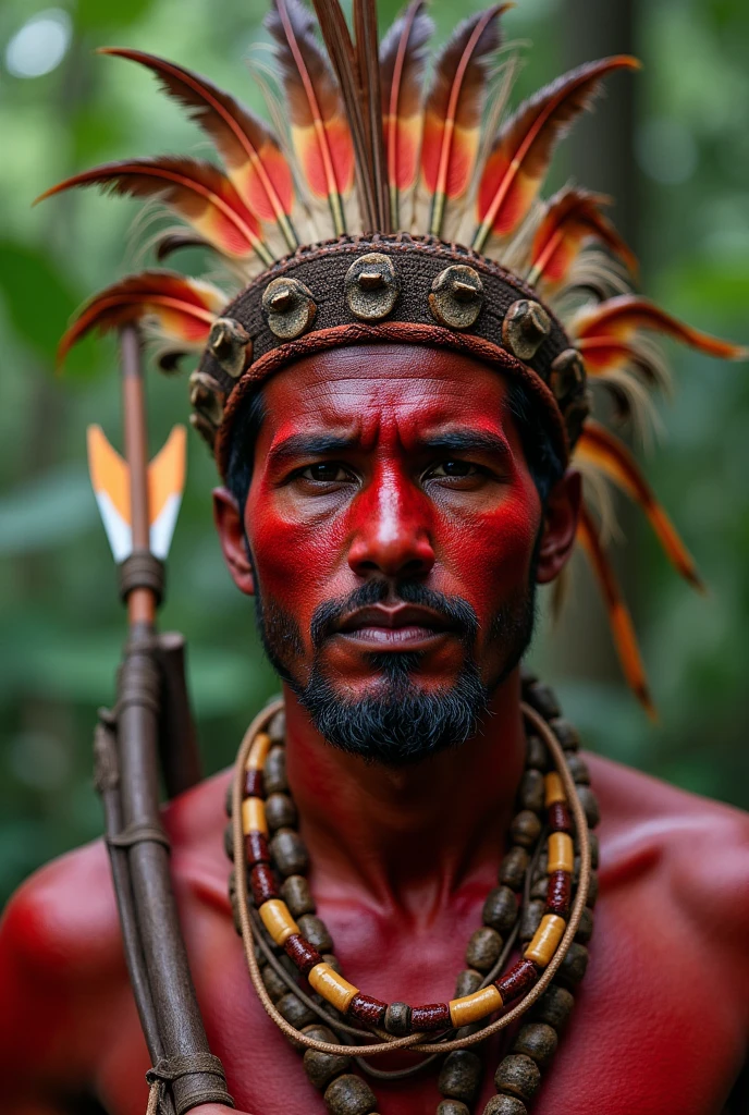 plano general, cuerpo entero, floración, monocromo, bosquejo de tinta, (salpicaduras de tinta abstracta:1.2), Fondo blanco, a guerrero indio americano, indigenous american warrior, detailed face and body, wearing tribal headdress, holding spear, in jungle landscape, mist, sunlight filtering through trees, lush foliage, intricate patterns on clothing, muscular physique, intense expression, ultra-detailed, 8k, photorealistic, dramatic lighting, vibrant colors, cinematic composition, pose de lucha