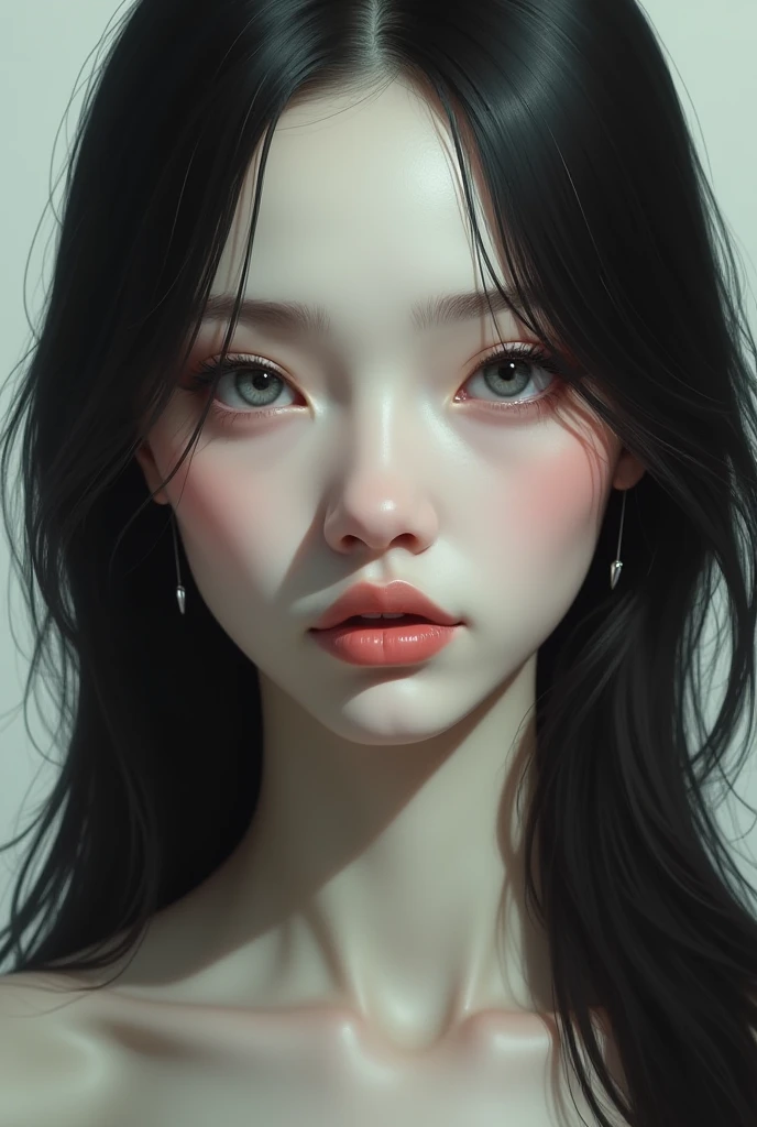 White skin, very fleshy mouth, long hair, face, black hair, light eyes, straight hair, normal nose