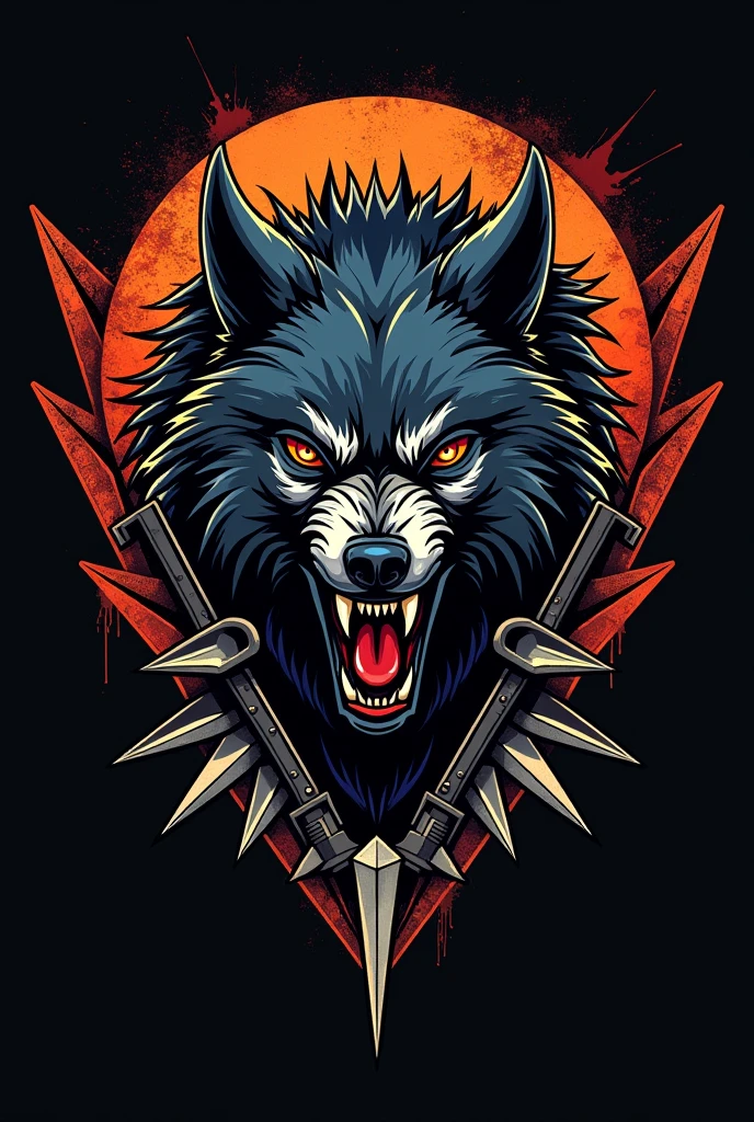 Make a coat of arms for a motorcycle club with an angry mongrel dog in the middle with a scar over its right eye, small wings coming out from behind it and two crossed pistons