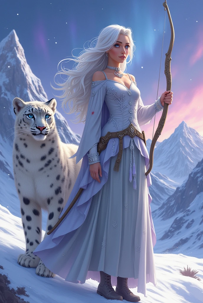 (masterpiece, best quality:1.2),1girl, upper body,tail, large tail, white hair, very long hair, wavy hair, grey eyes, detailed eyes, multicolored hair, circlet, bead necklace, animal ears, leopard ears, black cape, white dress, hip vent, pelvic curtain, grey thighhighs, snowy, snowy mountains, blizzard, volumetric lighting, subsurface scattering, cinematic lighting, chiaroscuro, floating hair, hand on own chest