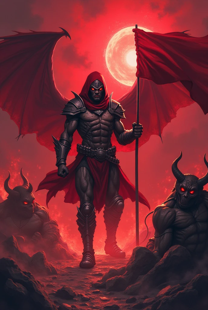 A demon in red colour,he have a long sword..in the sword written a line heart of manga