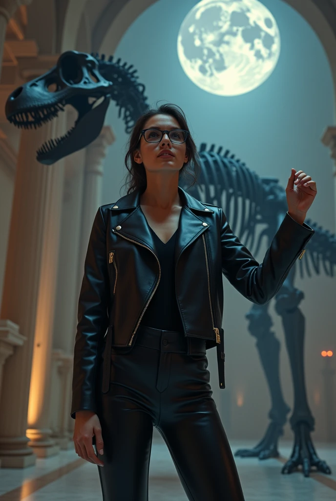 (confident girl standing in front of a statue,black leather jacket and ...