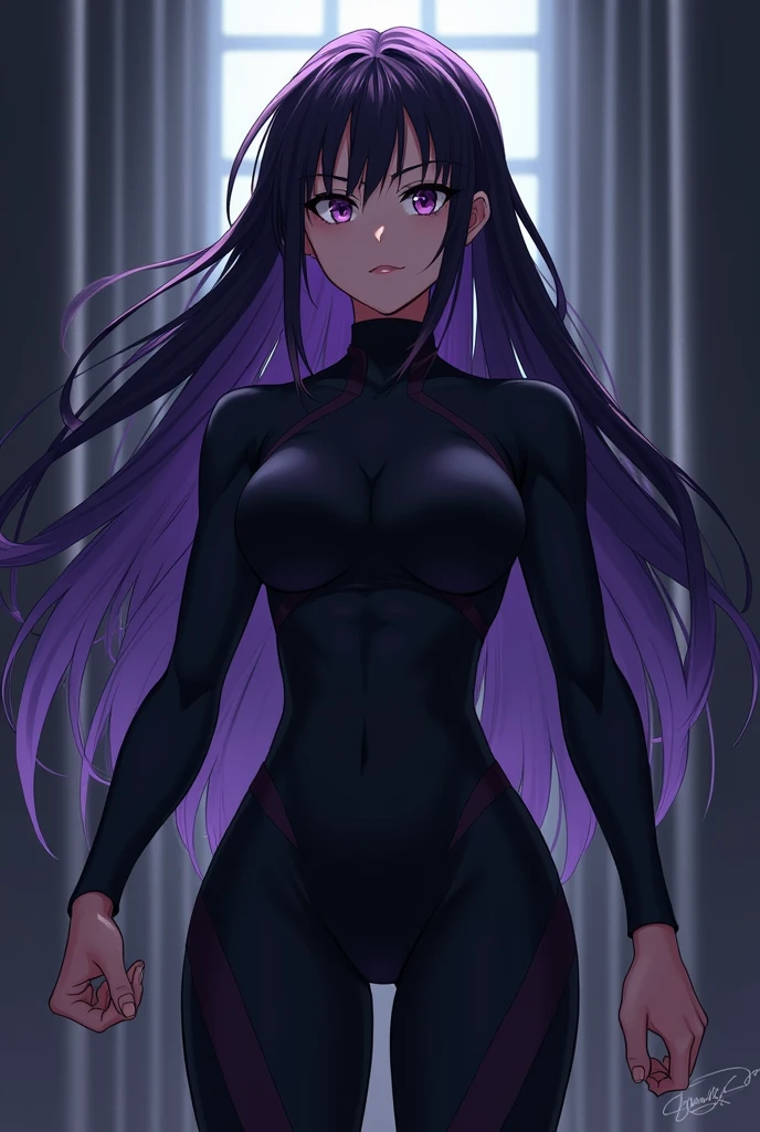(masutepiece),(Best Quality),extremely delicate and beautiful,Illustration,((Perfect female figure)),a 20 yo woman,1 Rider Girl,i:P Masquerena, body suit,black very long hair,Twin-tailed, Purple eyes, Background of Cyberpunk City,Cat Ear Helmet,