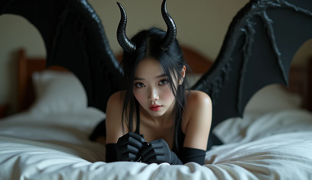 (( solo character ))Full body Beautiful pretty girl in a red black dress with horns, Beautiful Succubus, gothic girl, Beautiful elegant demon queen., Evil has black angel wings., Succubus in a sexy seduce dress, epic fantasy, captured on canon eos r 6, (Realistic face details), intricate detailed, Portrait of a beautiful girl, very high details, photo-hyper-realistic, 8k, UHD, hyperdetailed, (Dynamic Poses:1.4), background : dark castle , smoke , blazing fire look like hell, seduced face look like Anime ,