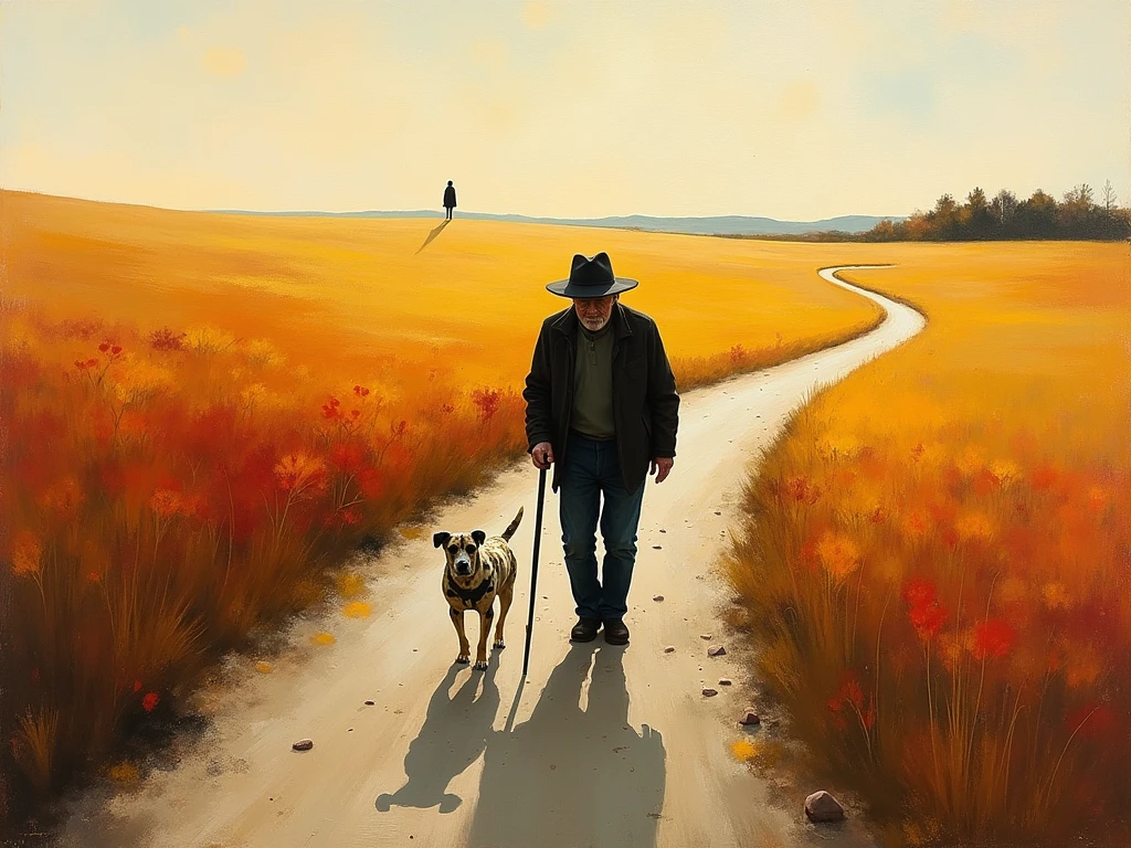 The painting depicts a scene of an old man walking on a winding road in a field in autumn.
The road is represented by sinuous lines in shades of brown , yellow and red , logo creating a depth effect and movement .
The field is composed of wide and vibrant brushstrokes in shades of light brown and light yellow .
In the background, a dark and elongated figure walks towards a mysterious horizon .
The highlight of the image is the central figure , The man arched , with a black hat and a cane . He seems to be followed by a spotted dog .
The painting is an abstract and expressionist work that conveys a sense of mystery , drama and beauty. The vibrant colors, the expressive brushstrokes and simplified forms create a unique and engaging atmosphere , inviting the viewer to interpret and reflect on the hidden meanings of the work .
