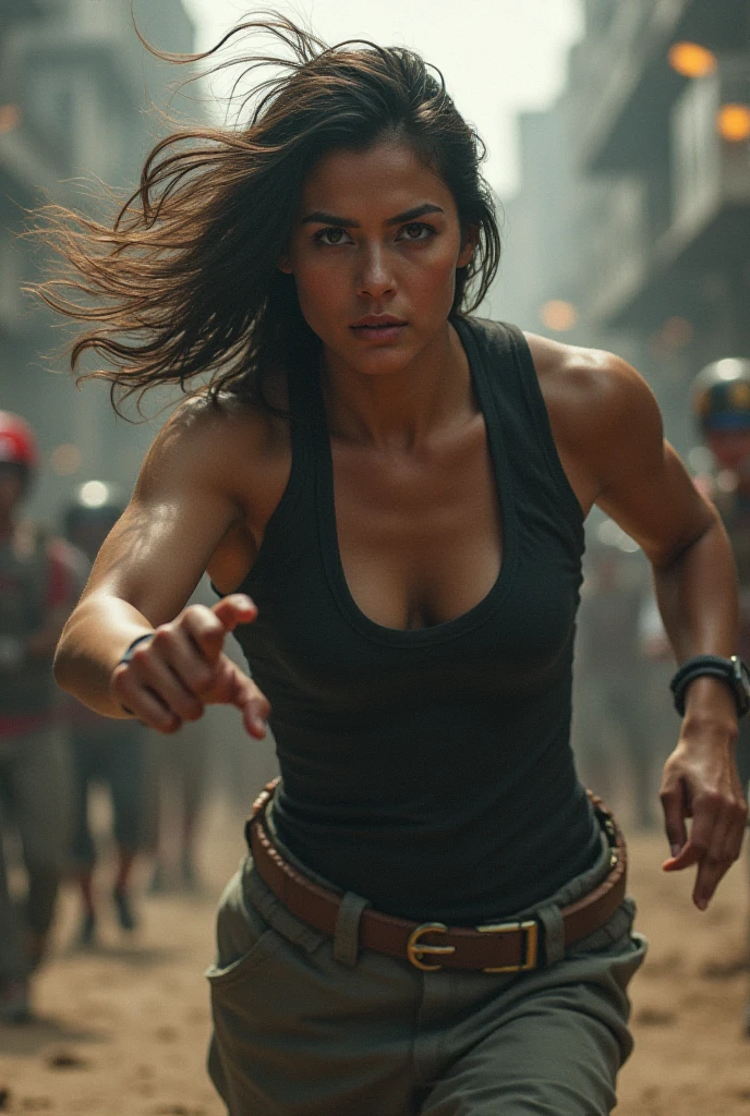 a beautiful detailed portrait of Margot Robbie as Lara Croft, fighting the horrible woman in a jail room, sexy dynamic scene, athletic physique, full body shot, (best quality,4k,8k,highres,masterpiece:1.2),ultra-detailed,(realistic,photorealistic,photo-realistic:1.37),HDR,UHD,studio lighting,vivid colors,bokeh,professional